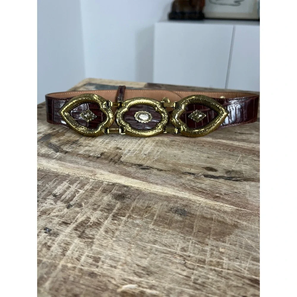 Brighton Vintage Brown Croc Embossed Leather Belt Ornate Gold Buckle 45707 S